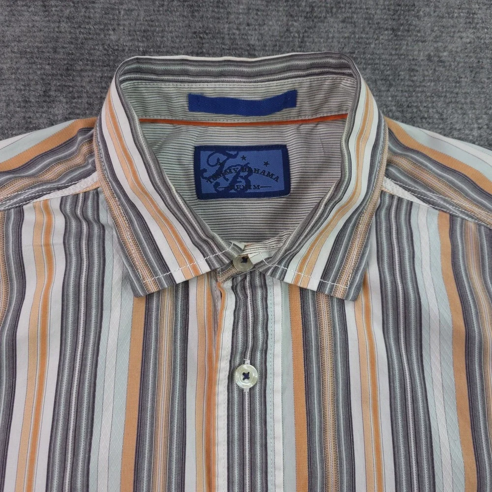 Tommy Bahama Shirt Medium‎ Orange Gray Vertical Striped Long Sleeve Button Up